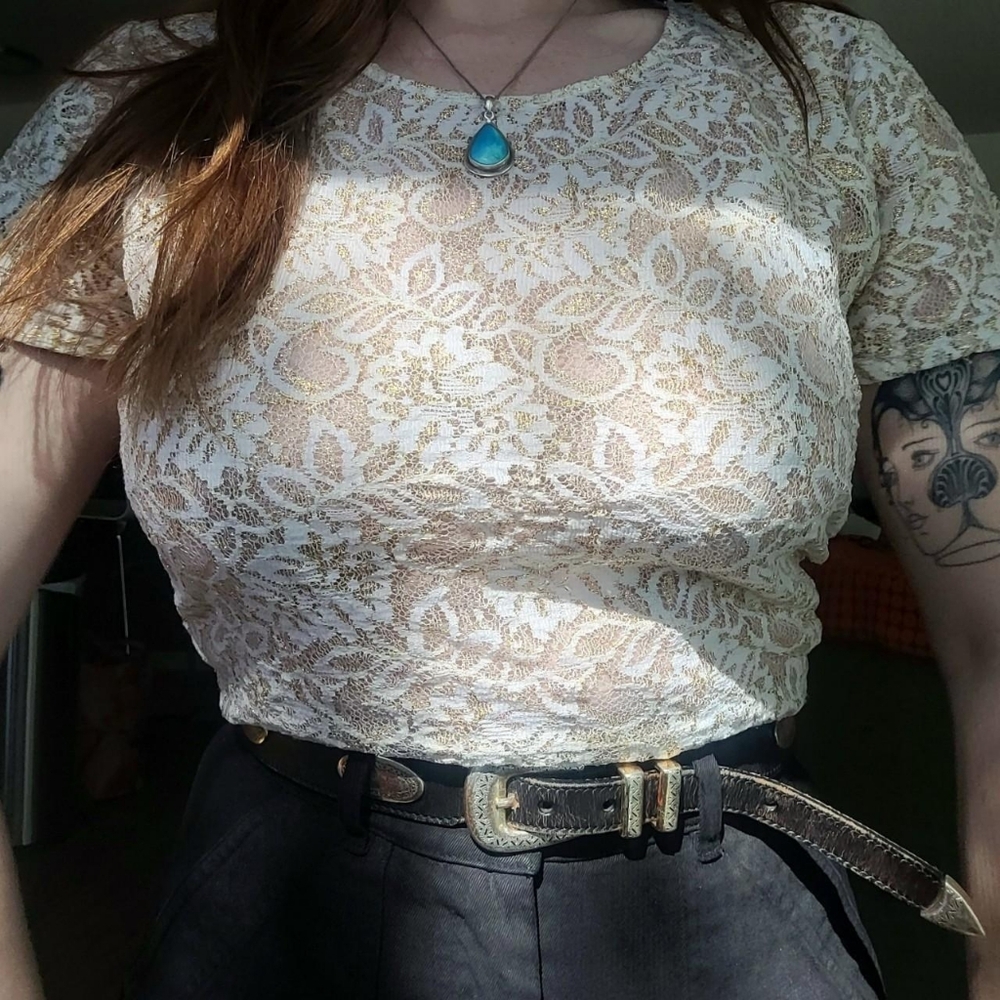 Vintage Sheer Lacy Gold And White/Cream Top